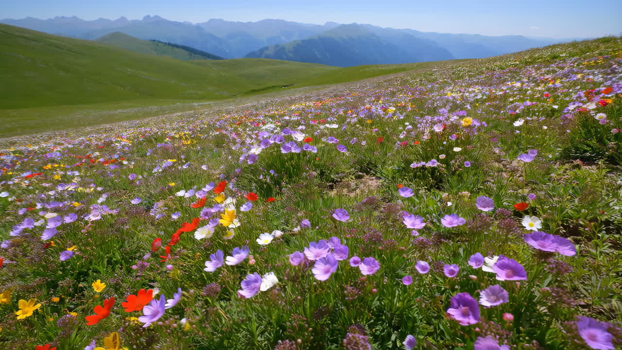 Colorful wildflower meadow in a mountainous landscape