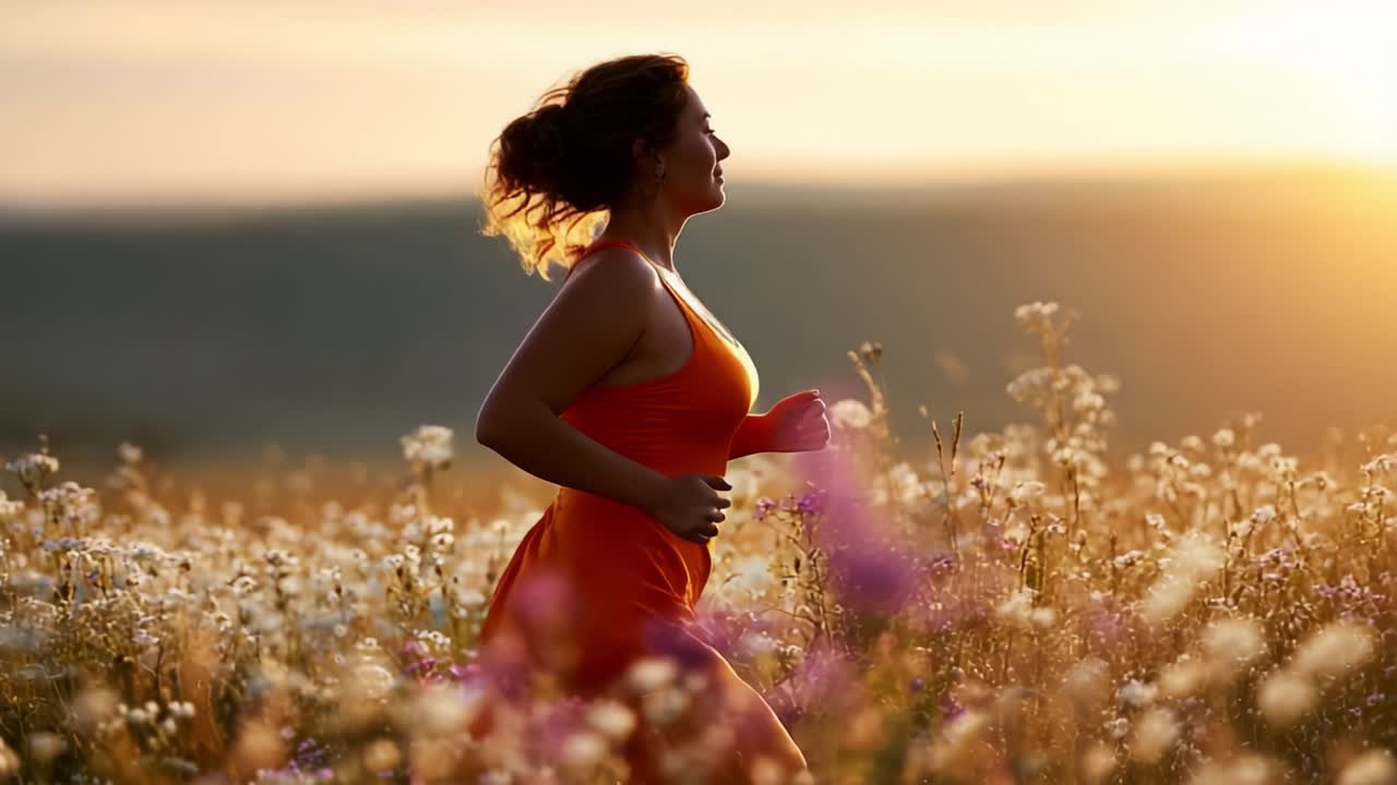 A Joyful Woman Running Through a Flower-Filled Meadow at Sunset, Embracing Nature's Beauty and the Freedom of Movement in an Inspiring Scene of Health and Vitality