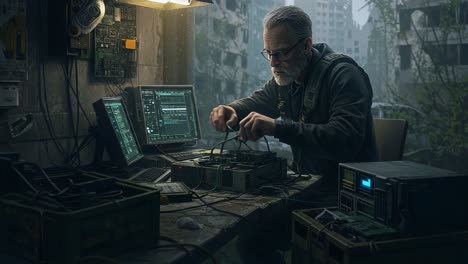 post-apocalyptic engineer repairs electronics