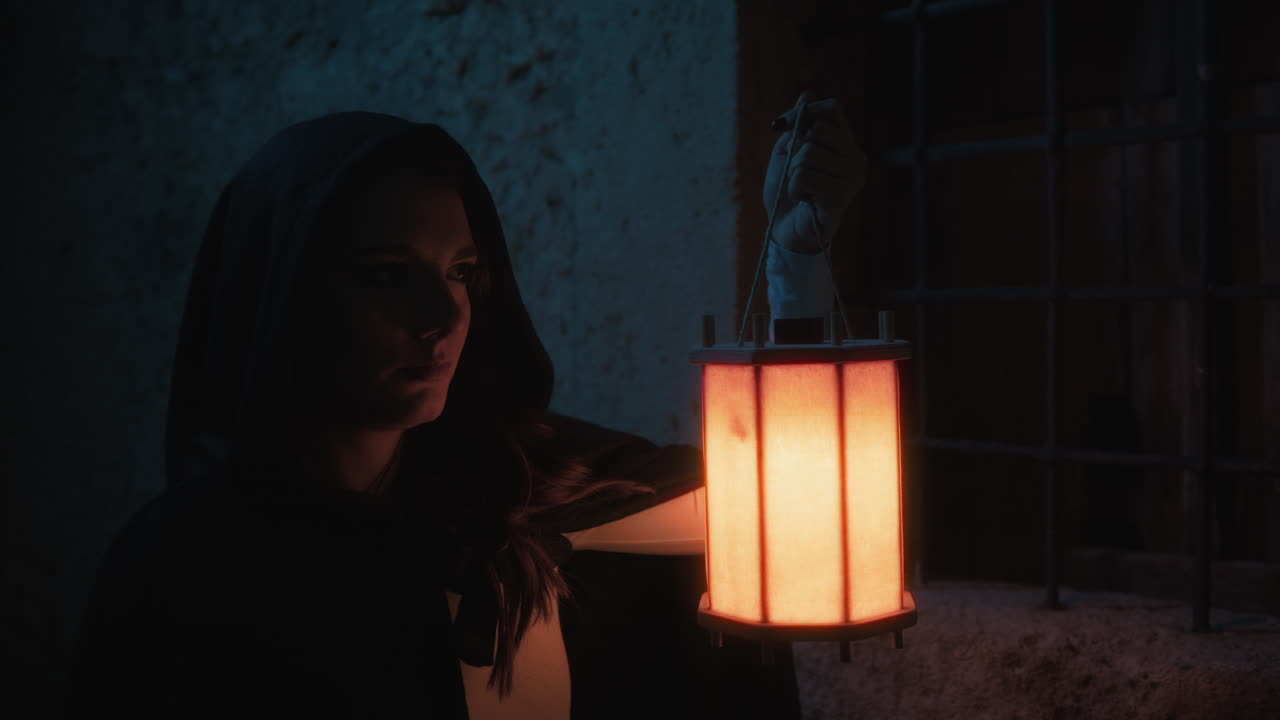 mujer misteriosa con capucha y linterna en las calles de la ciudad