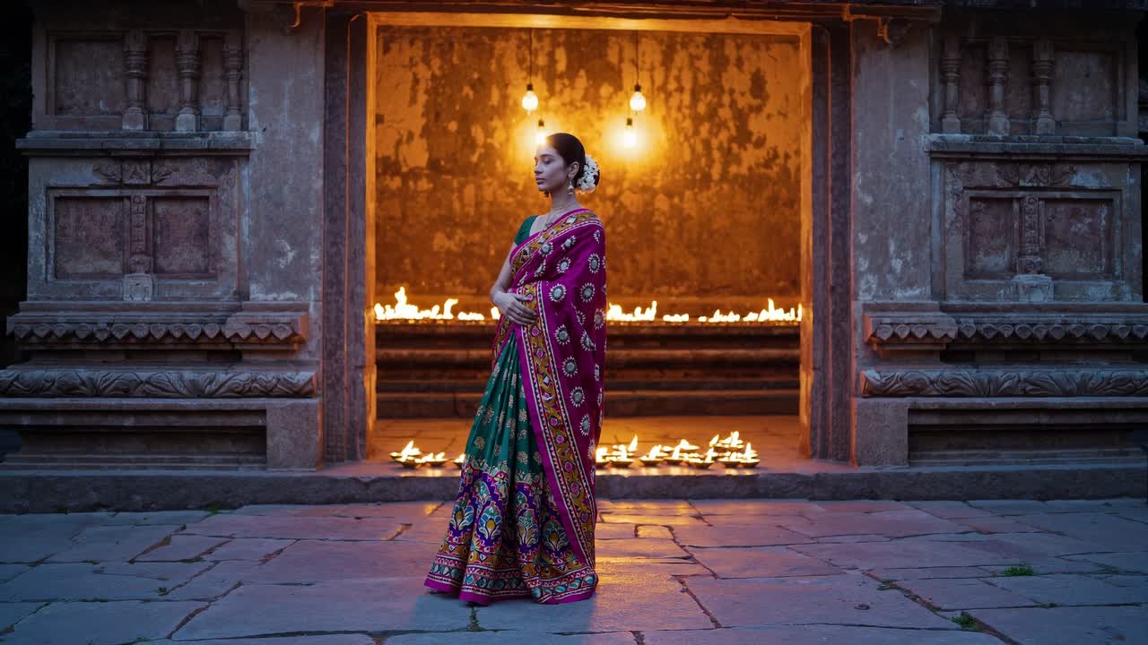 Indian woman wearing a colorful sari is posing in the entrance of a temple with many oil lamps burning at sunset, creating a warm and spiritual atmosphere