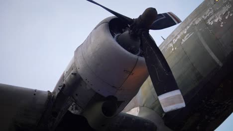 close-up view under an old wwii military vintage aircraft