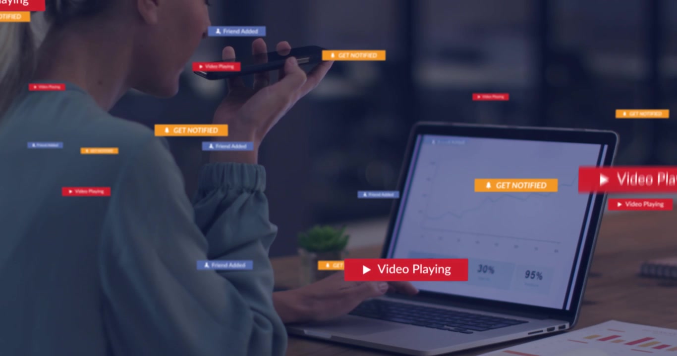 Animation of social media icons and numbers over connections over connections