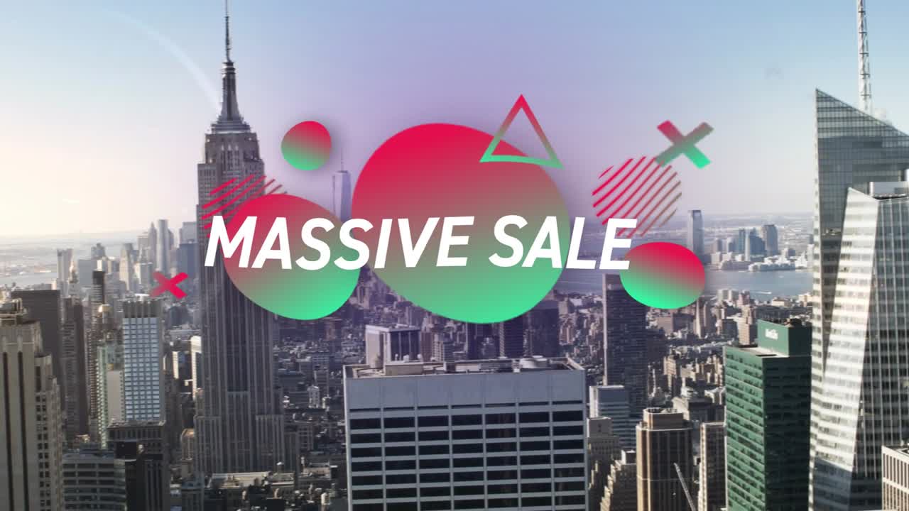 Khi tải, đĩa đỏ-xanh lá cây ở giữa nổi lên, hiển thị chữ "MASSIVE SALE", quảng bá khi thành phố bên trái phát sáng.