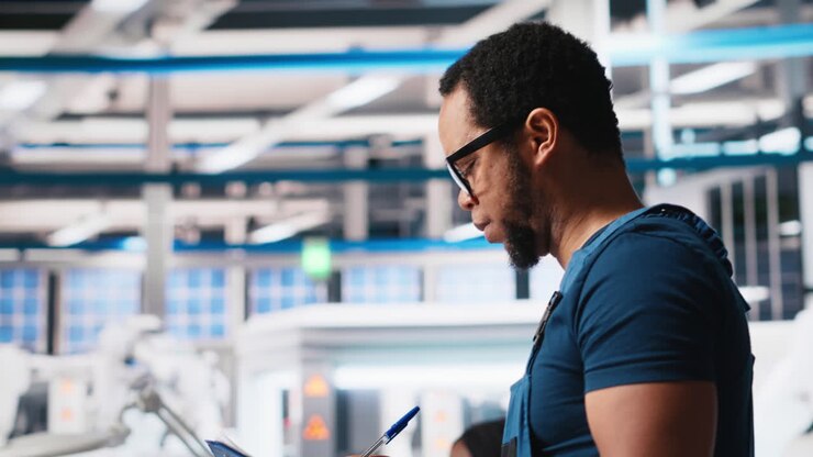 Vertical Video Portrait of engineer in photovoltaics factory reviewing paperwork
