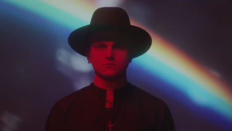 portrait of priest in neon light