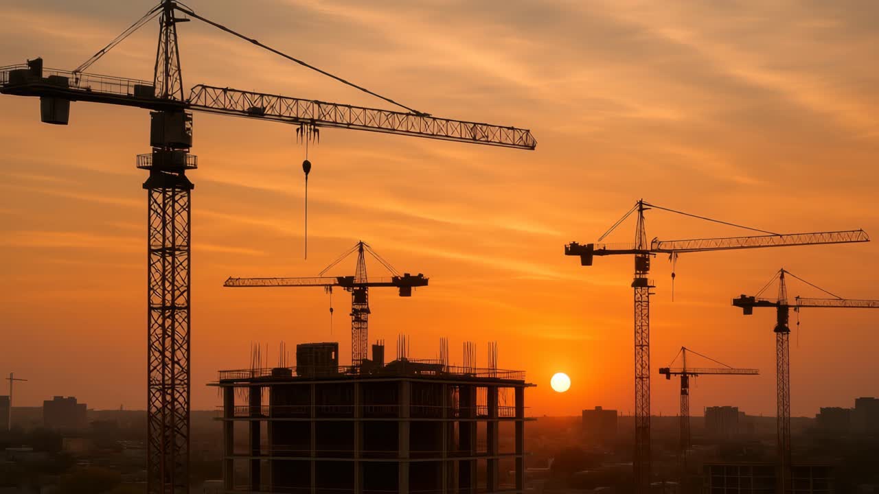 Silhouetted cranes at sunset in a cityscape, captured from a low angle
