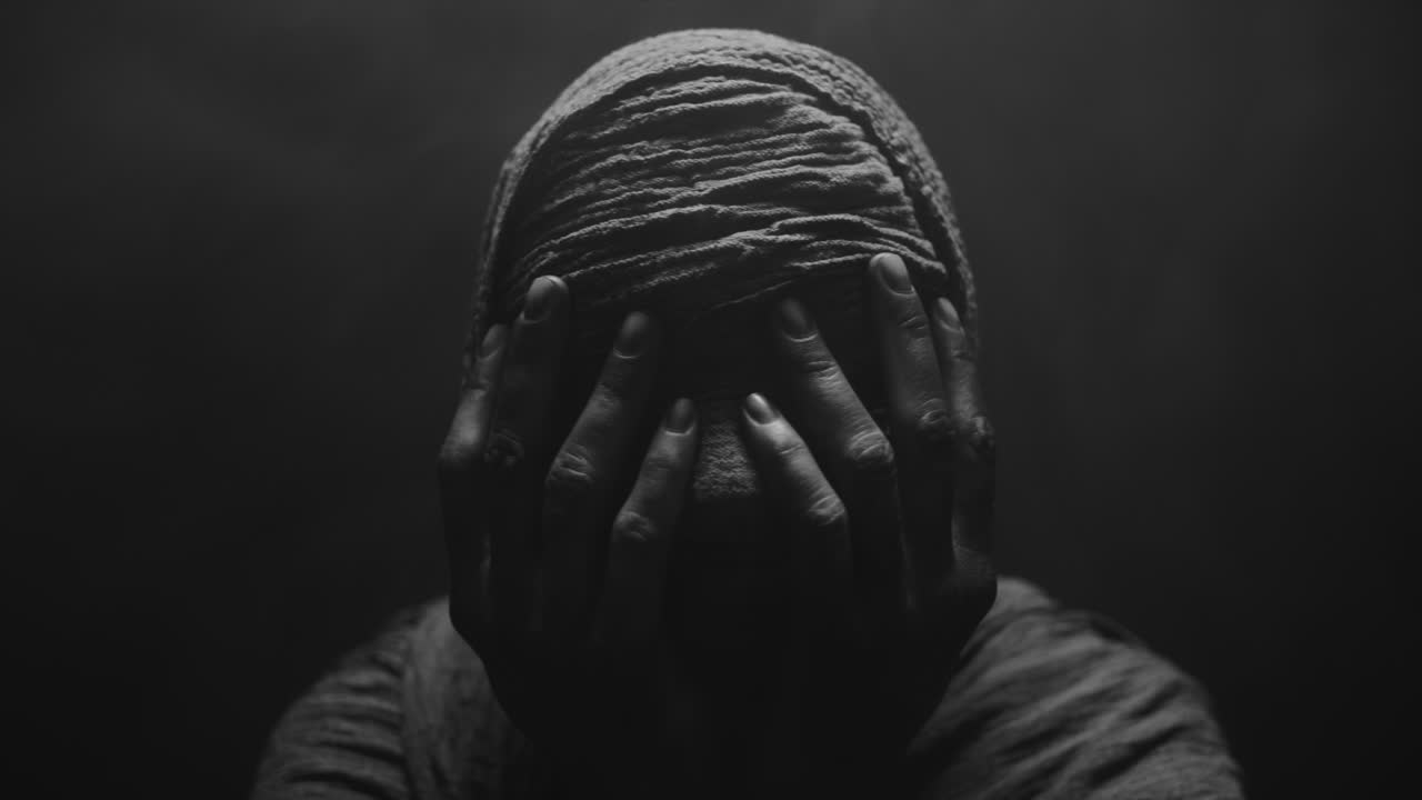 A mummified woman against the dark background in keeps her hands on her face the powerful pose full of despair