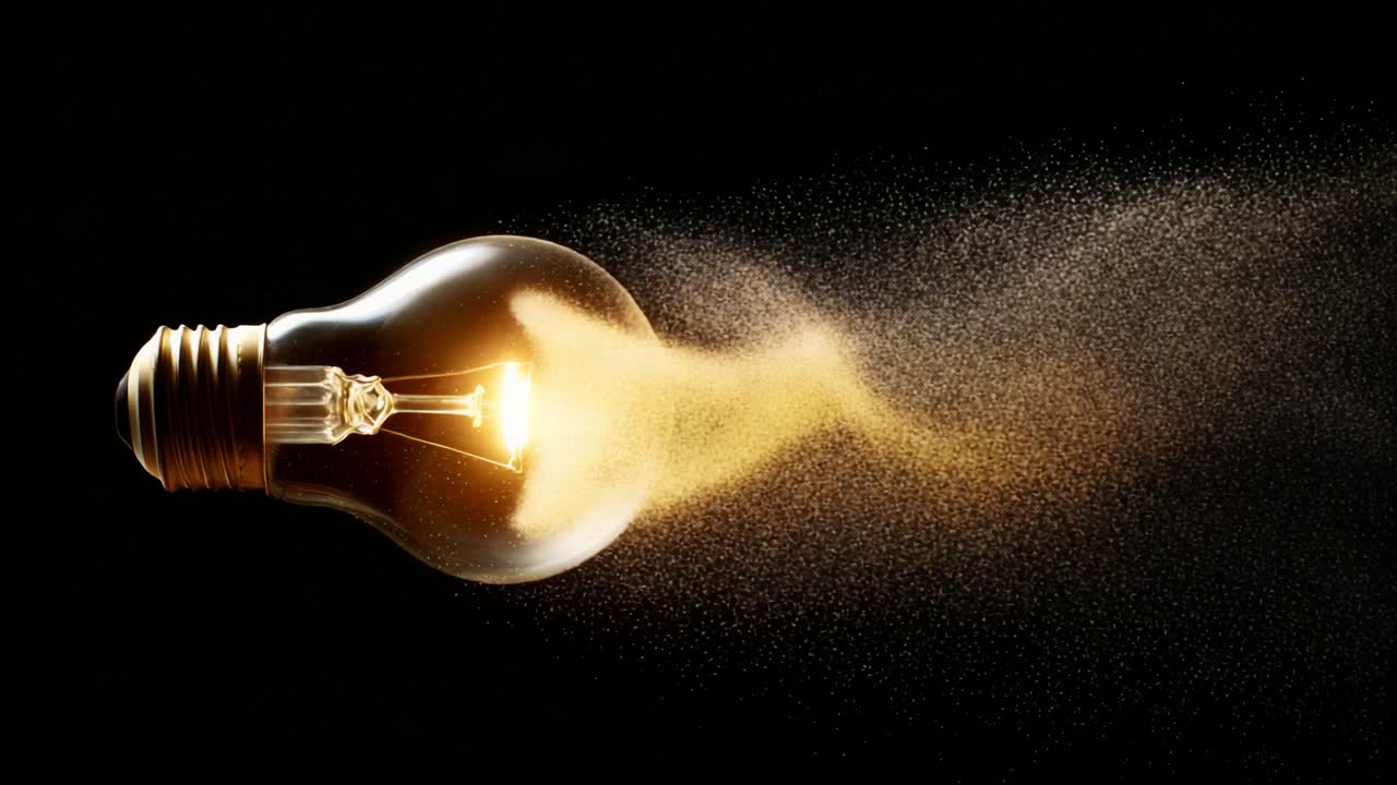 A Light Bulb Emitting a Golden Dust Trail Against a Black Background, Illustrating the Concepts of Illumination and Creativity in an Artistic and Captivating Manner