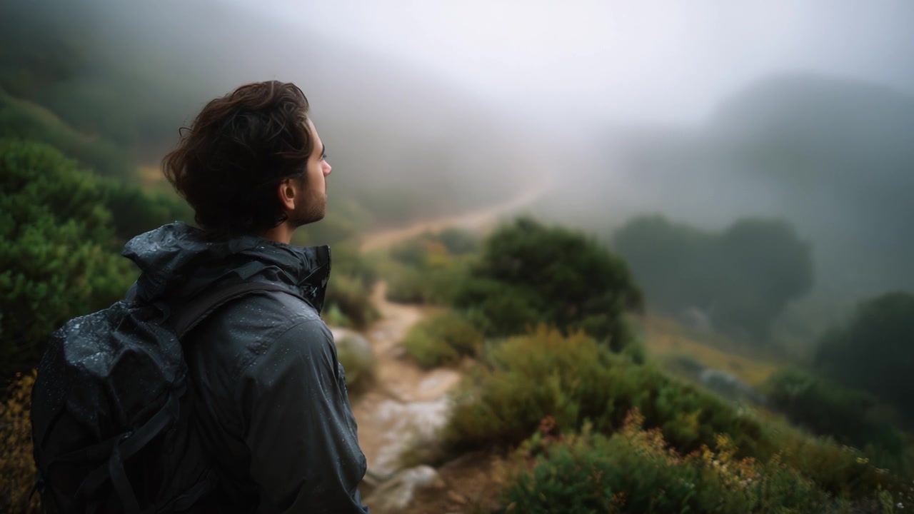 Un viaggiatore contemplativo guarda nella distanza nebbiosa lungo un sentiero tortuoso e coperto di nebbia, circondato da una vegetazione lussureggiante e dalla serena bellezza della natura.