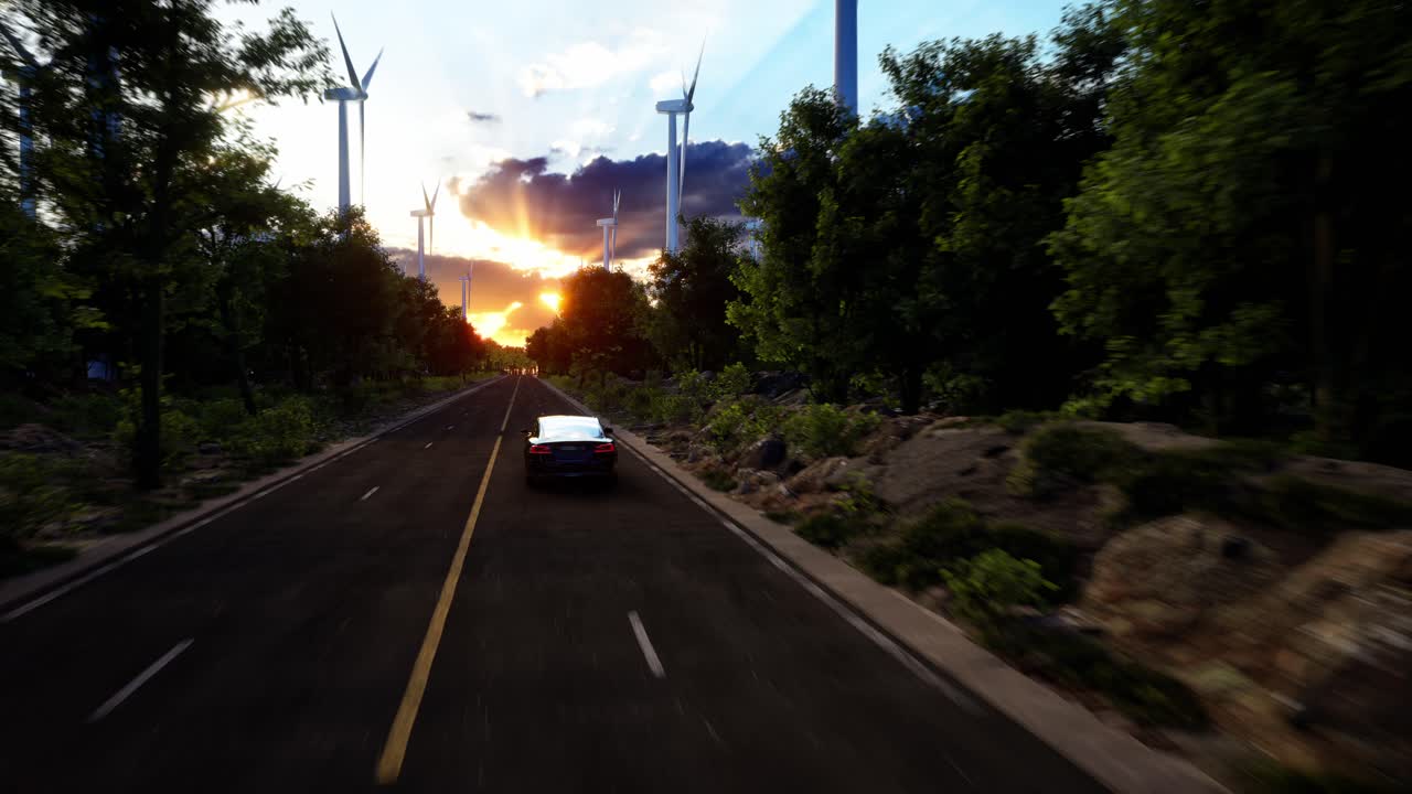 배경에 풍력 터빈을 가진 도로에서 일반적인 전기 자동차 드라이브의 3d 렌더링. 현실적인 3d 애니메이션