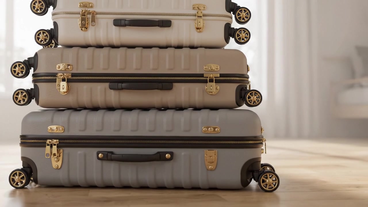 Stijlvol gerangschikte bagage: een stapel moderne koffers die elegant design en functionaliteit tonen in een lichte en luchtige kameromgeving.