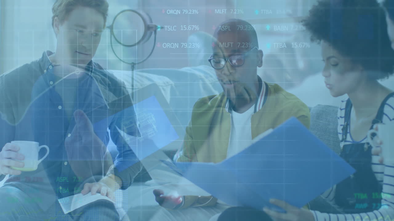 Diverse group reviewing documents with financial data processing animation overlay