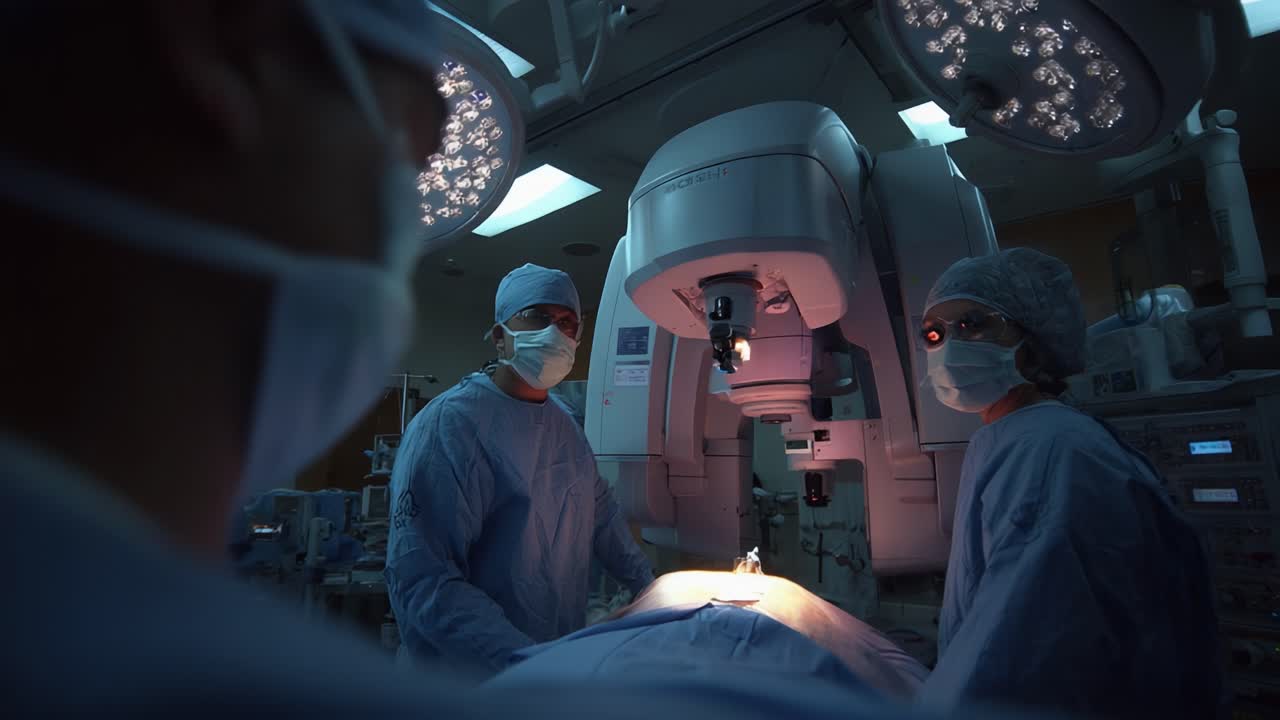 Medical professionals performing a delicate surgical procedure in a high-tech operating room equipped with advanced machinery and bright surgical lights