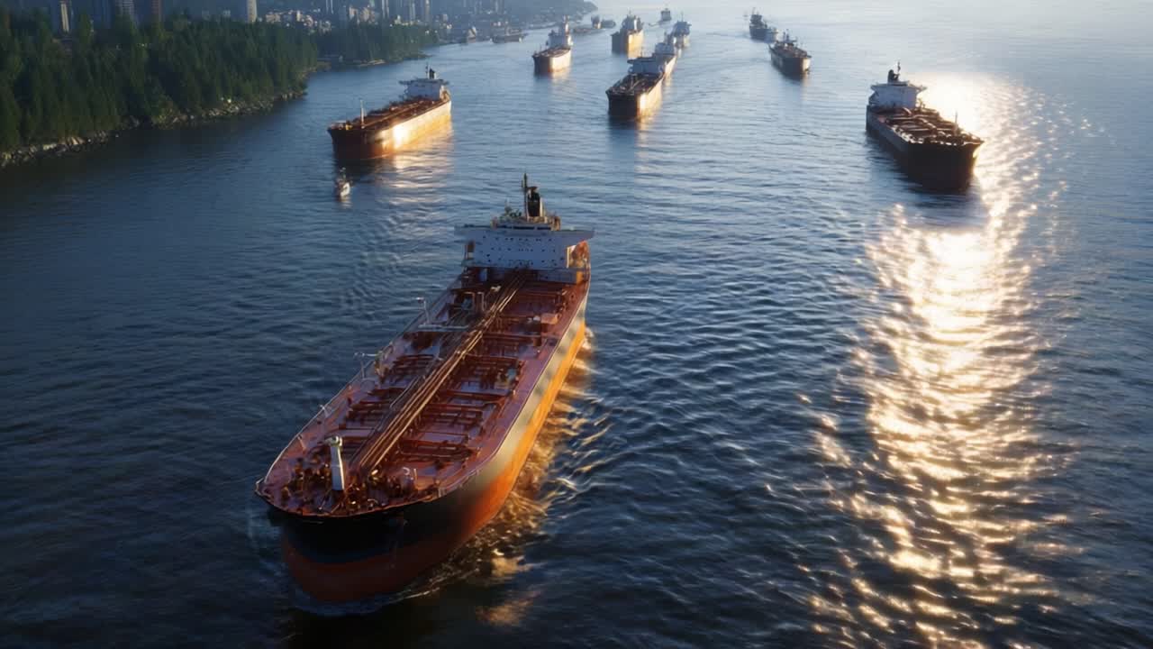 Sunset glows across calm waters as large cargo ships move steadily through a busy harbor. Warm light reflects on the ocean surface. Several massive tankers navigate the channel