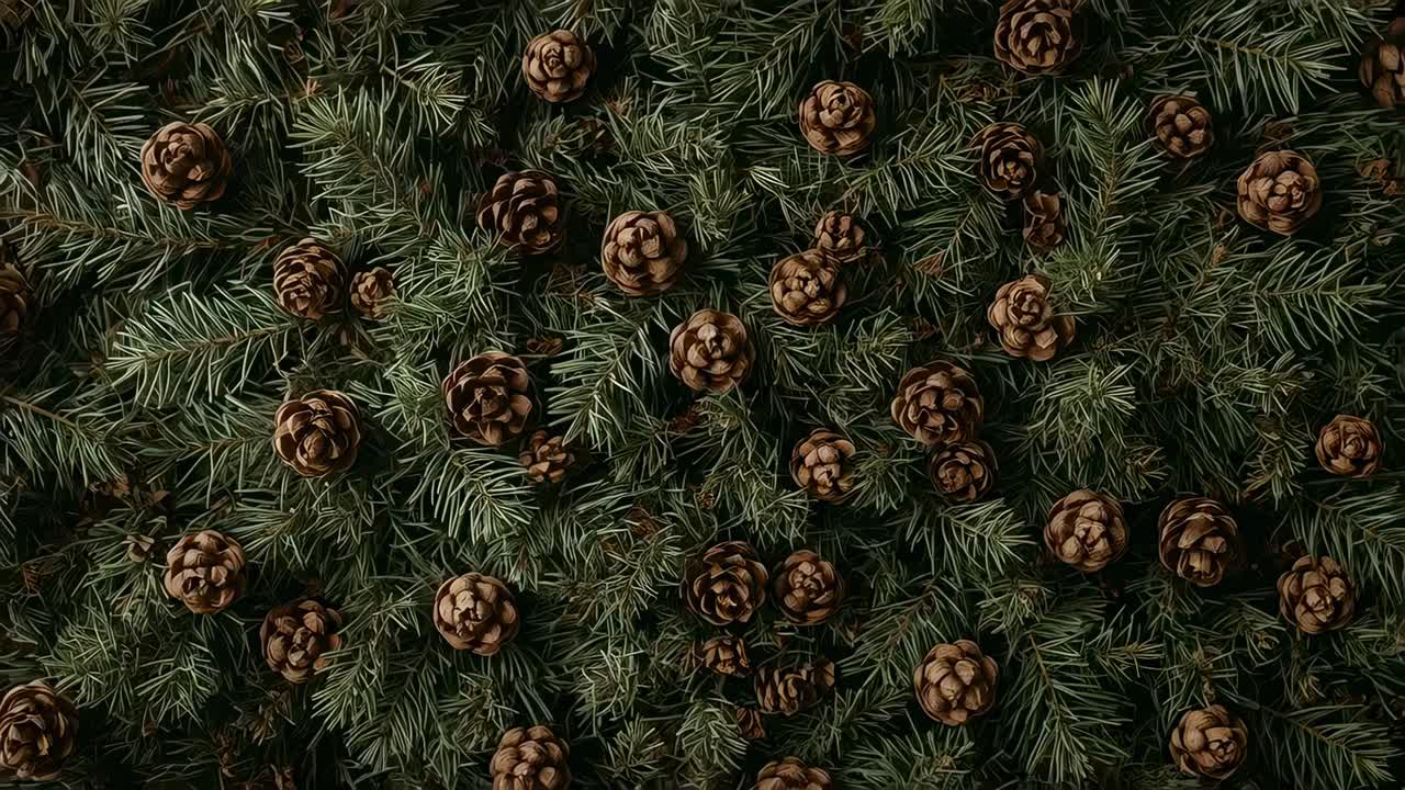 Gently pushing camera revealing dense conifer needles and round brown cones to reveal fine detail