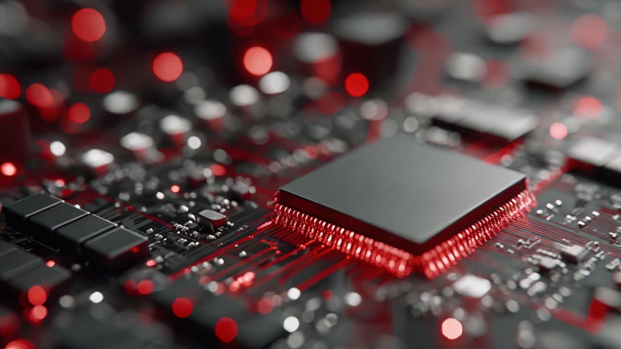 Udforskning af det komplekse design af et moderne printkort med en central processor (CPU), omgivet af rødt oplyste elementer og mikrokomponenter.