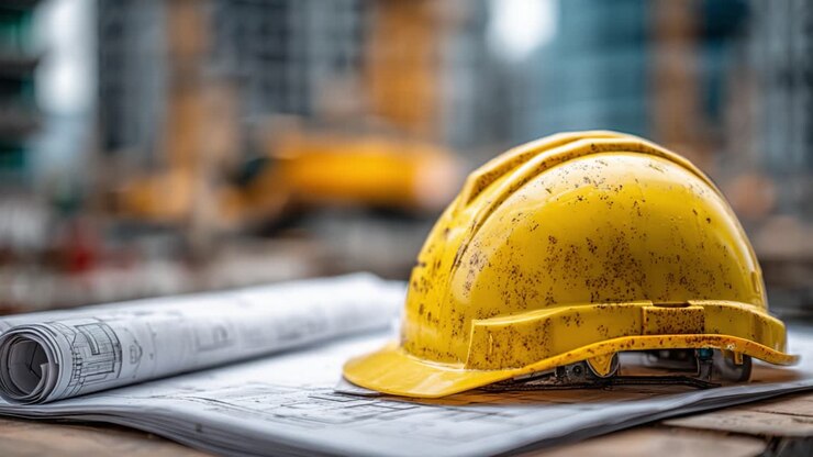 A Close-Up View of a Worn Yellow Hard Hat Resting on Architectural Blueprints at a Construction Site, Reflecting the Ongoing Work and Safety Measures in Progress