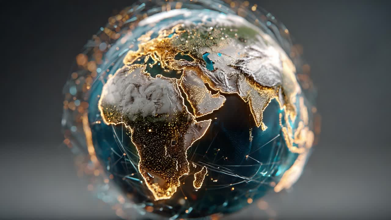 Illuminated Globe of Earth with Geographical Features and Network Connections, Highlighting the Continents and Oceans in a Visually Striking Representation