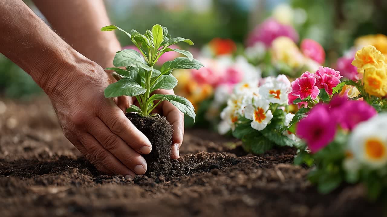 Gartentechniken: Die Kunst, neue Setzlinge inmitten leuchtender Blumen in einer üppigen, farbenfrohen Gartenkulisse zu pflanzen.
