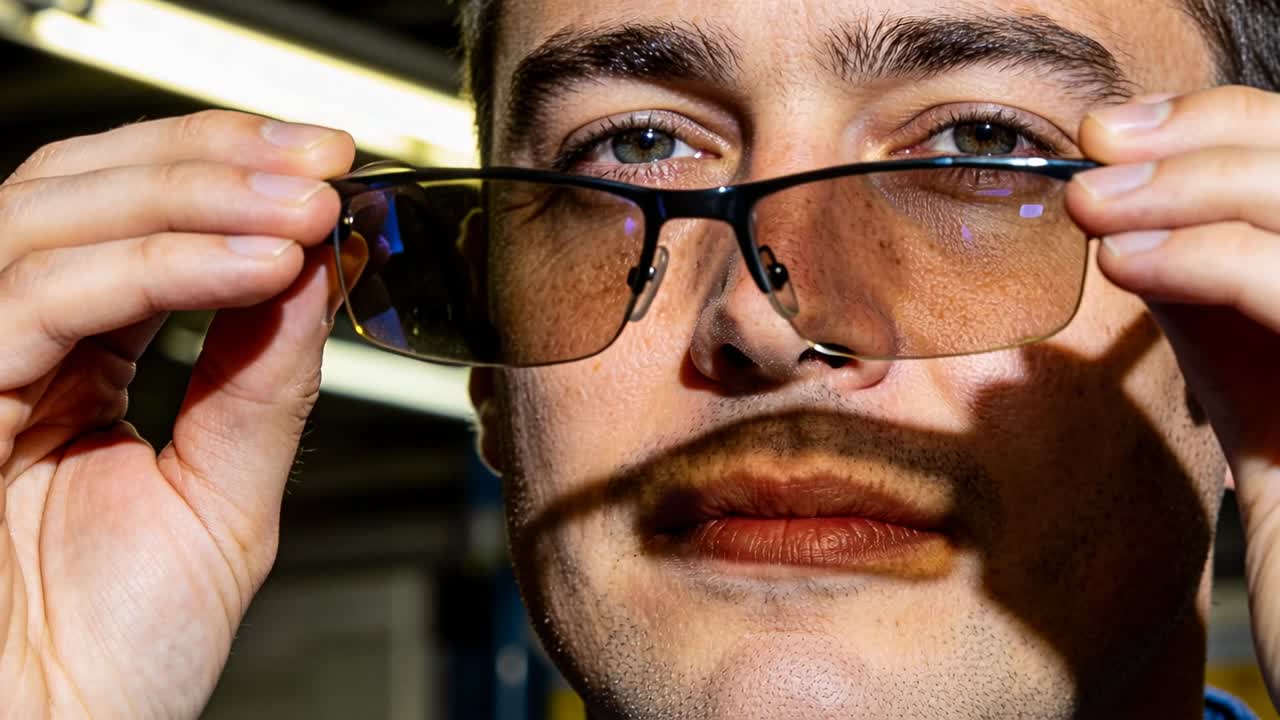 Sollevando le montature da sotto gli occhi, un uomo sistema occhiali rettangolari color ambra sul naso in un'officina.