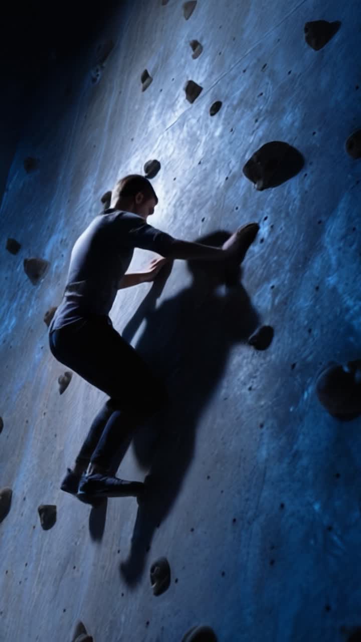 A climber skillfully navigates an indoor rock wall, embodying determination and athleticism as they ascend the textured surface under dramatic blue lighting