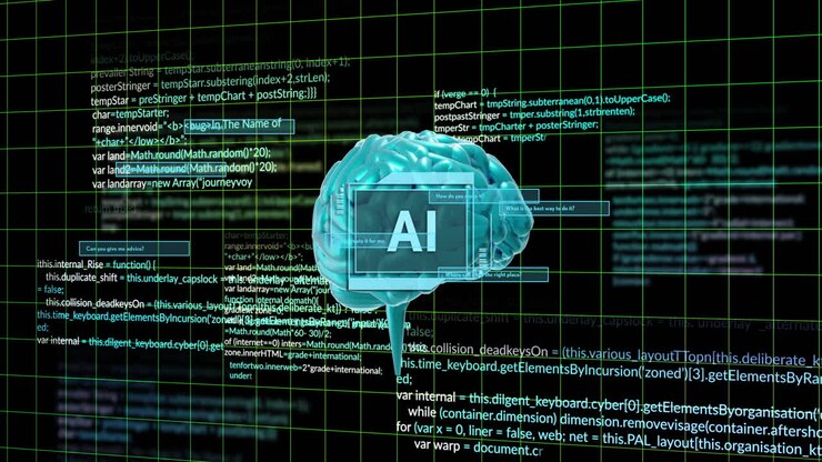 Animation of human brain and ai data processing over black background
