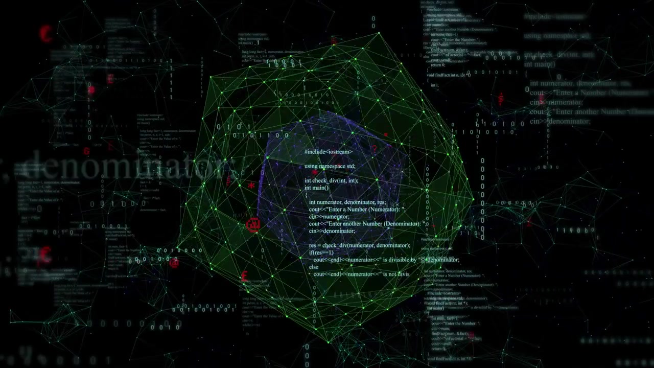 On start green polyhedron and purple core rotating, pulsing while code scrolling showing live data