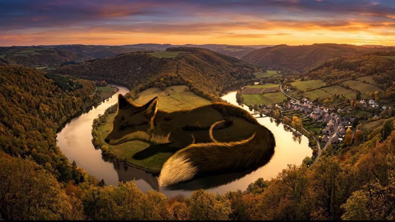 Giant Fox Sleeping on a River Bend at Sunrise