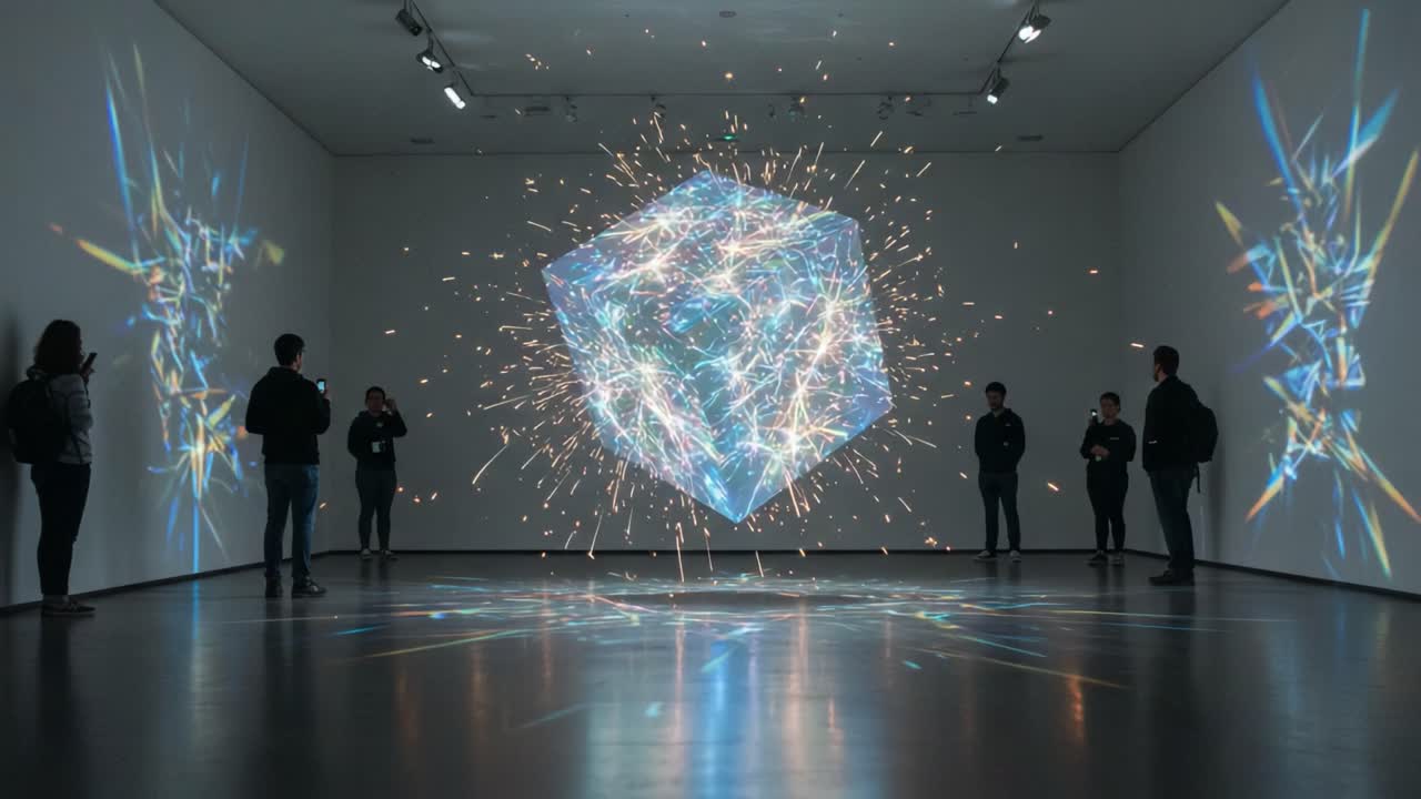 Magical Light Projection Transforming an Empty Gallery Space with a Floating Cube of Sparks, Drawing the Attention of Visitors Captivated by the Art Experience