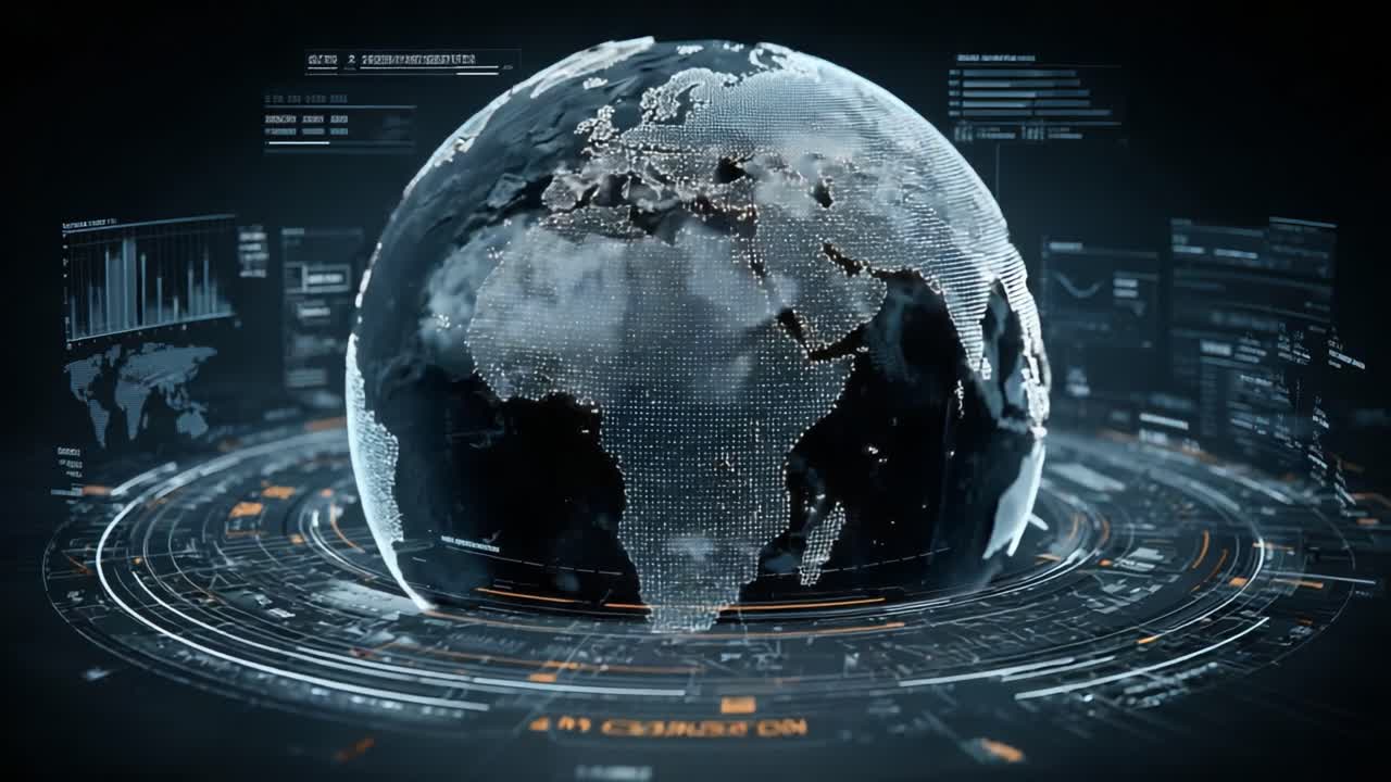 A Visually Stunning Representation of Earth with Dynamic Data Overlays, Showcasing a High-Tech Perspective of Global Connectivity and Geographical Information