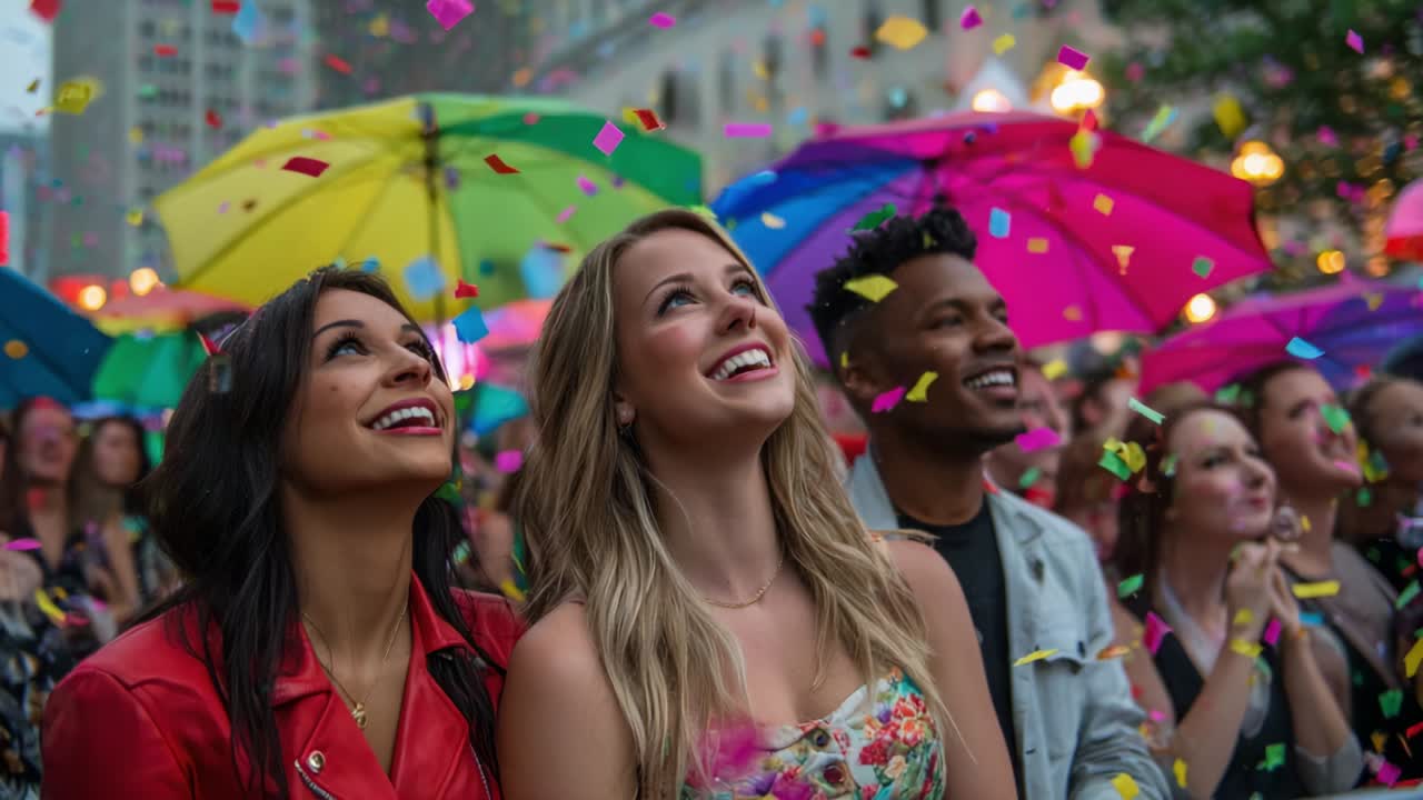 Celebratory Crowd Under Rainbow Umbrellas with Confetti