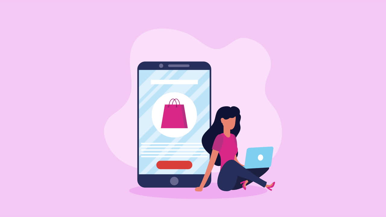 여성은 노트북과 스마트폰으로 온라인 쇼핑을 합니다.