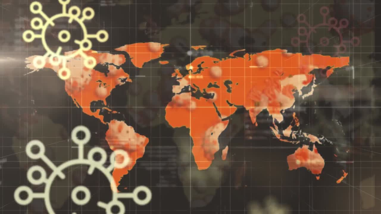 검은색 배경의 세계 지도 위에 떨어지는 여러 코로나19 세포의 애니메이션