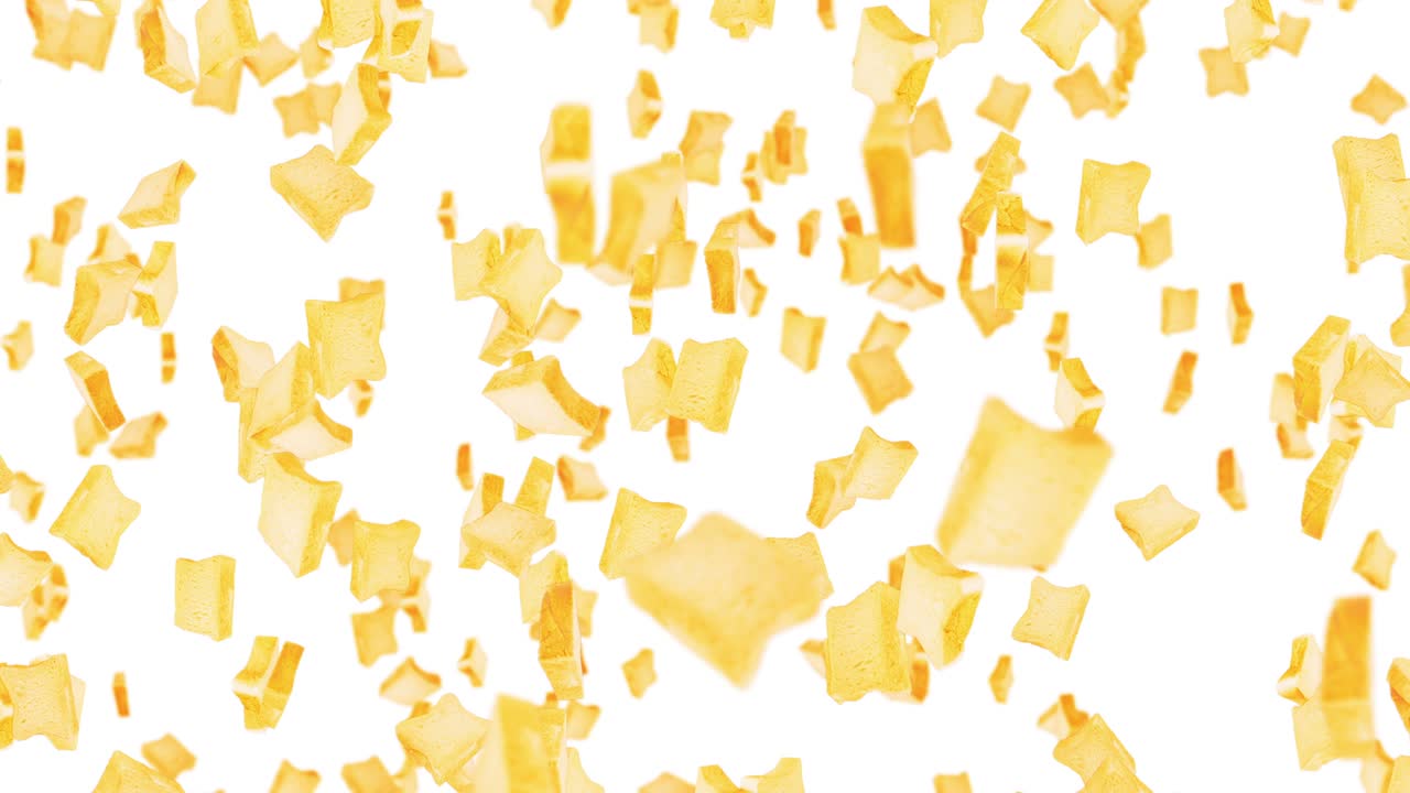 Flying many plain bread slices on white background. Foodstuff, Food and eating concept. 3D animation of wheat bread slice rotating. Loop animation.