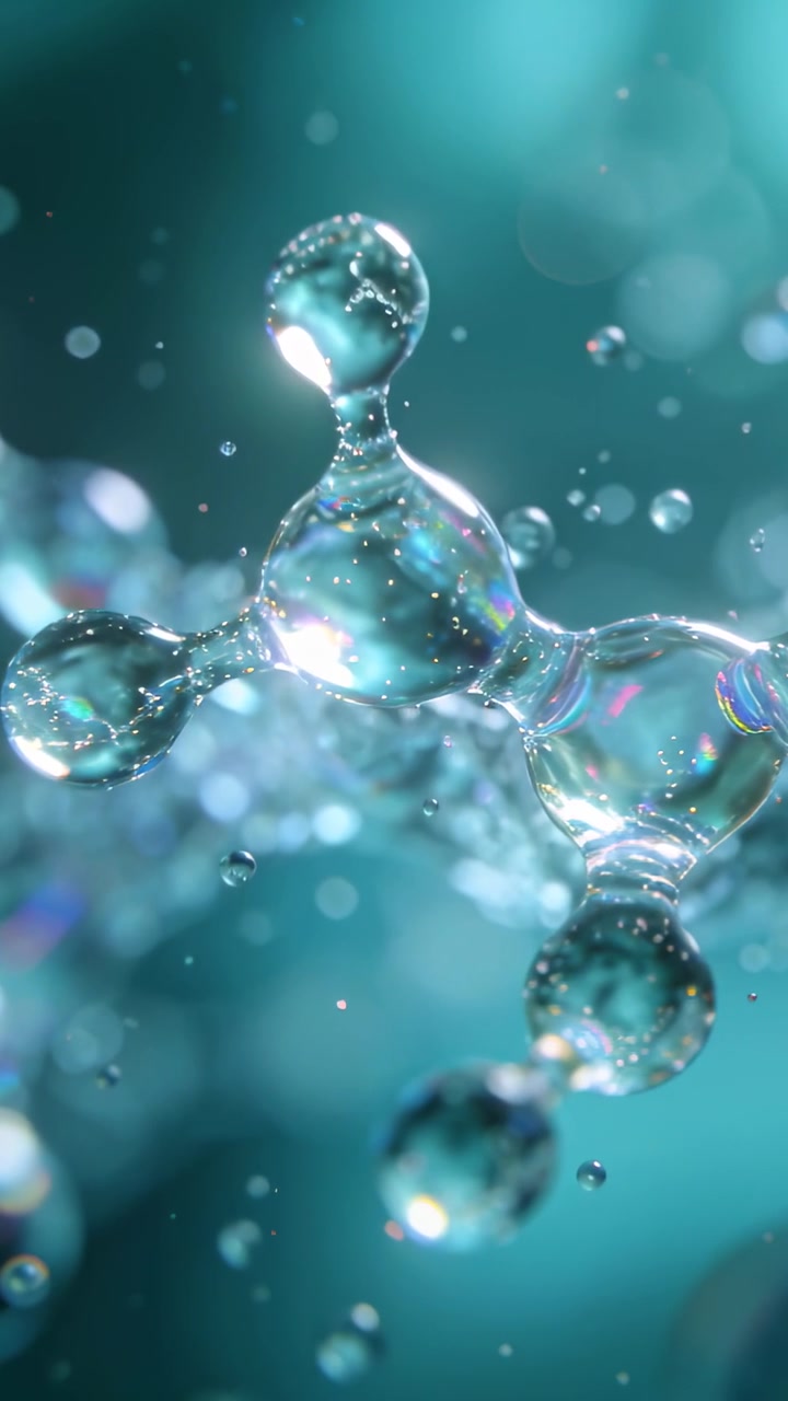Video verticale: Gocciolina a 3 lobi che ruota, reagendo a uno zoom della telecamera in un fluido color verde acqua, mostrando gocce con effetto bokeh