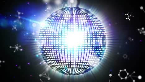 Animation-of-disco-mirror-ball-spinning-on-blue-background