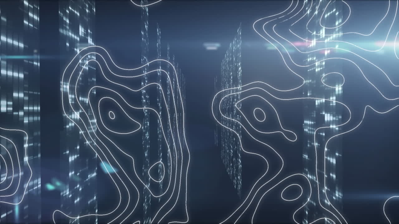 Animation of white lines over tech room with computer servers