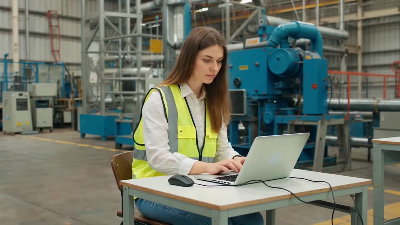 Una mujer está sentada en un escritorio y escribiendo en una computadora portátil