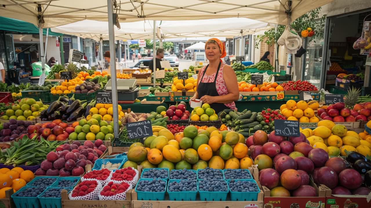 Vibrant Market Scene Showcasing a Colorful Array of Fresh Fruits and Vegetables with a Cheerful Vendor at an Outdoor Farmer's Market