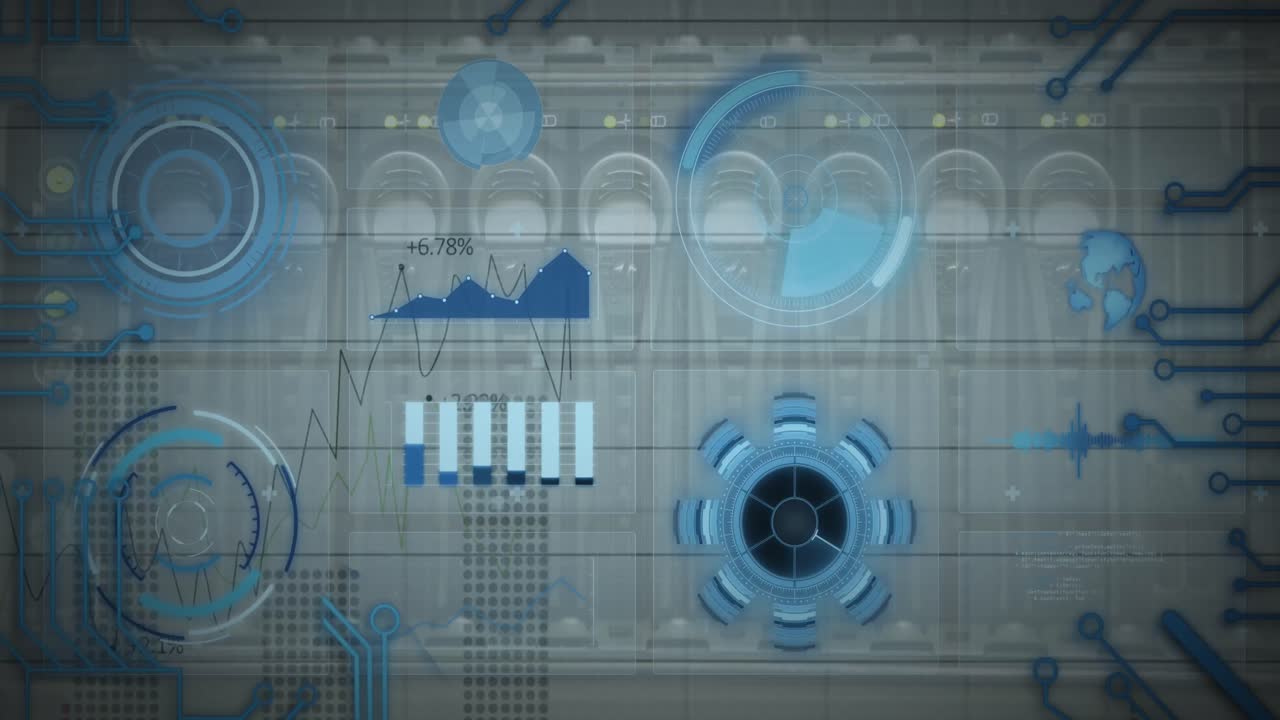 Animation of scope scanning and data processing on screens over computer server and circuit board