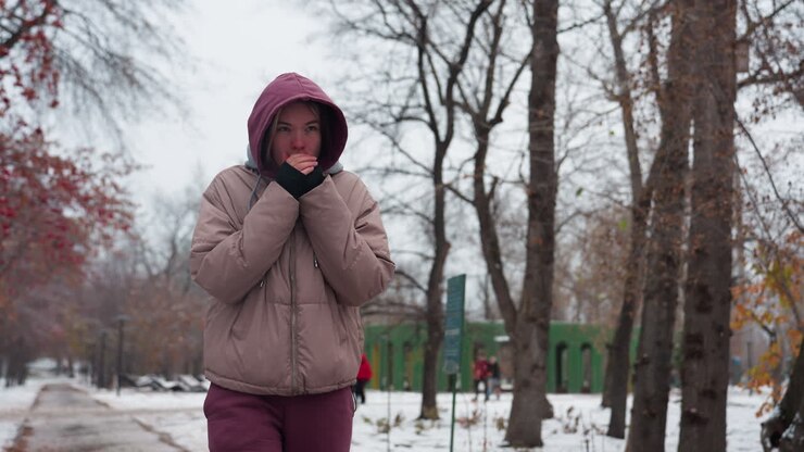 Calm woman in winter outfit strolling alone through a snow-covered park, bringing hands close to mouth for warmth, bare trees, scattered snow, and blurred figures in the background