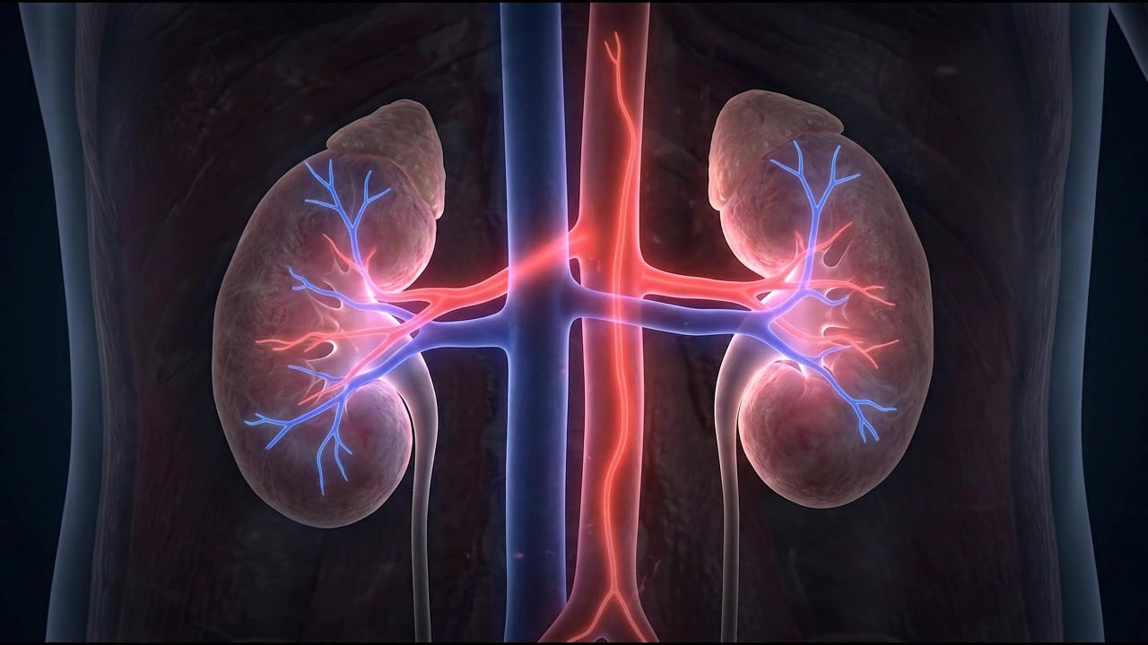 Detailed 3D model of human kidneys showing renal vascular structure