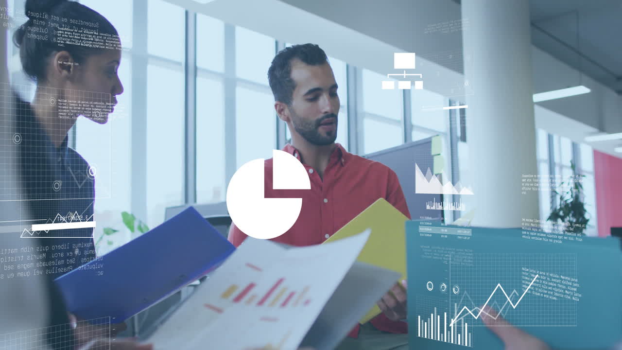Business team analyzing charts and graphs with data processing animation overlay