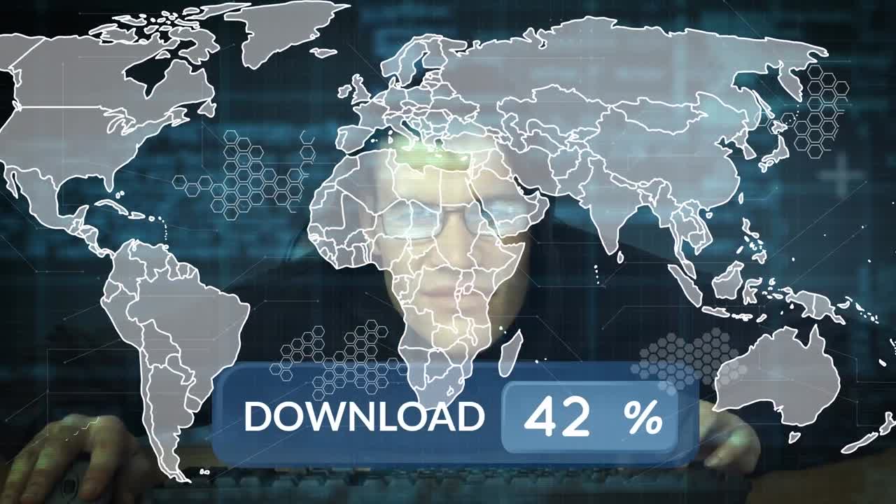 animación de procesamiento de datos y mapa del mundo sobre hacker masculino caucásico