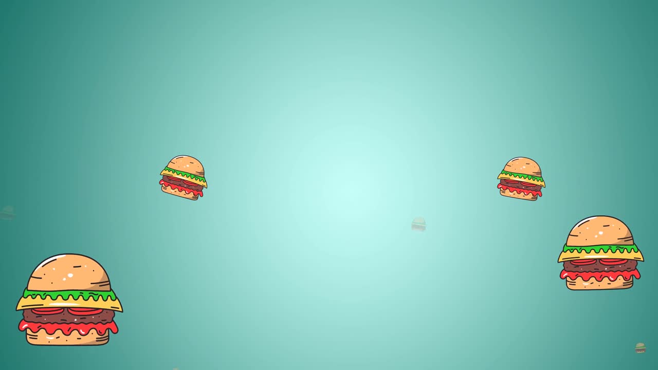 animación de varios iconos de hamburguesas sobre un fondo verde