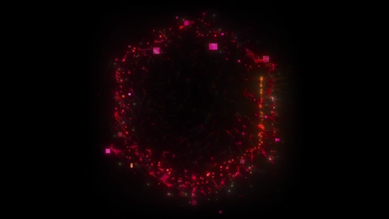 흑색 배경에 고립된 고정된 사각형과 에너지 어리들로 구성된 빨간색 육각형 포털의 애니메이션, 알파 루마 매트 vfx cg 4k