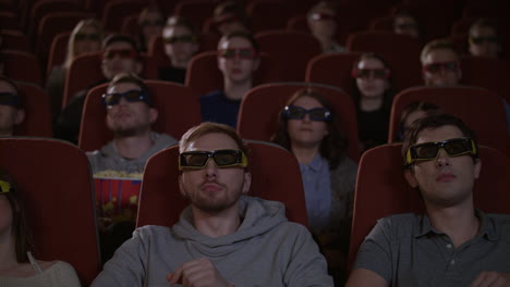 spectators in 3d glasses watching film in cinema. people in 3d glasses