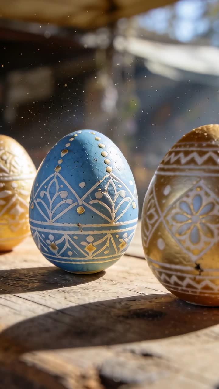 Vertical video: Cam panning left as blue egg moving center, sunbeam bathing wooden table for crafts
