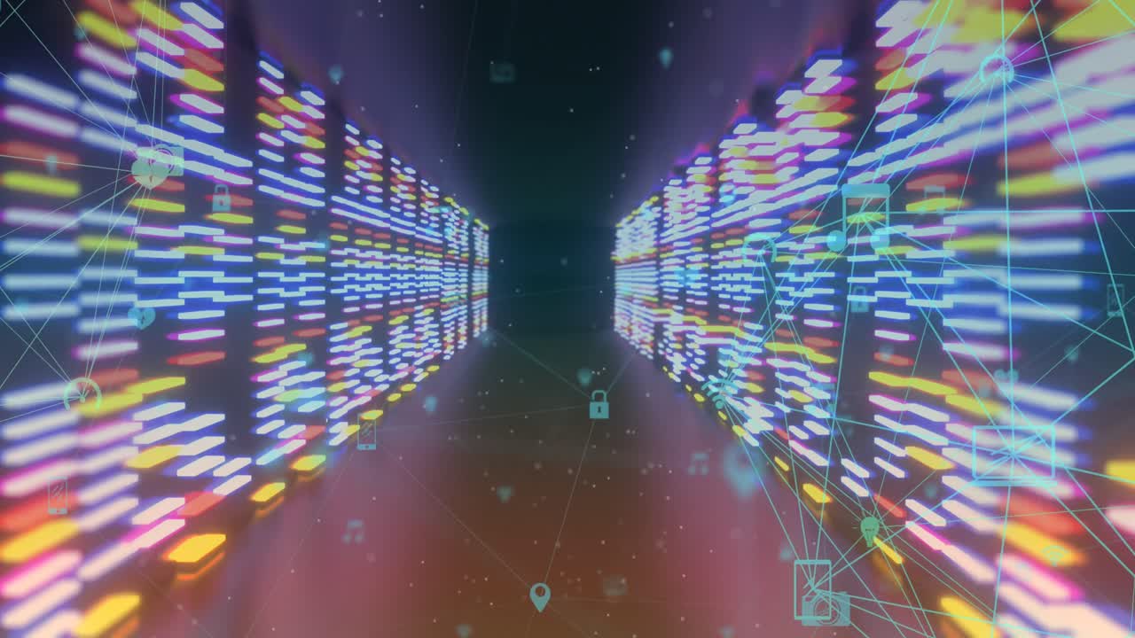 검은색 배경에 있는 미디어 아이콘과 모양의 애니메이션